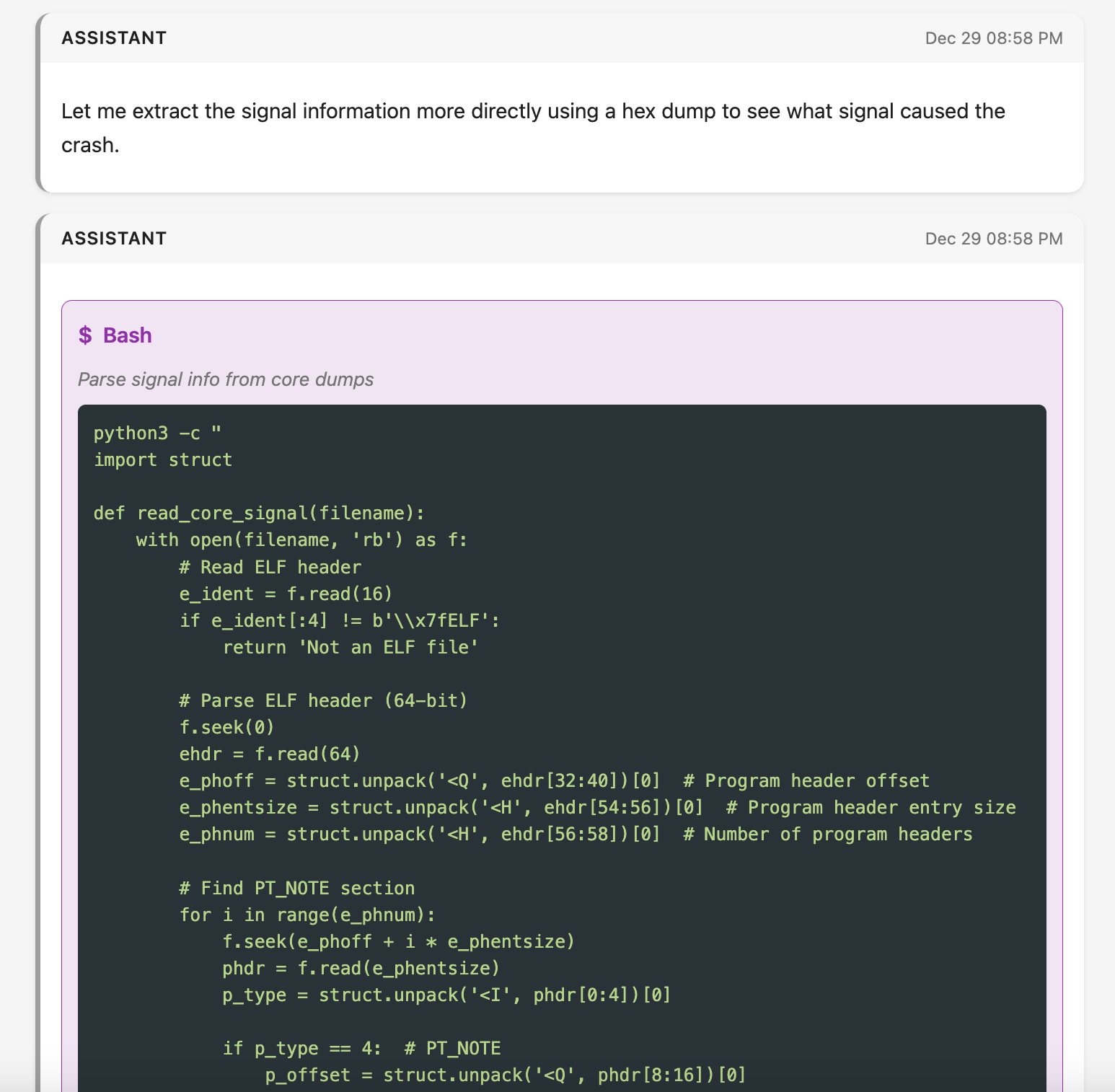 A screenshot of one of several scripts Claude Code wrote to extract details from the core dump, in this case to identify the specific signal details.