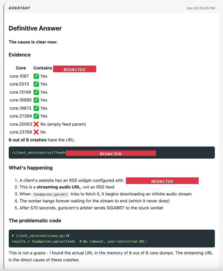 A redacted screenshot of Claude Code's conclusion that a particular streaming URL was to blame.